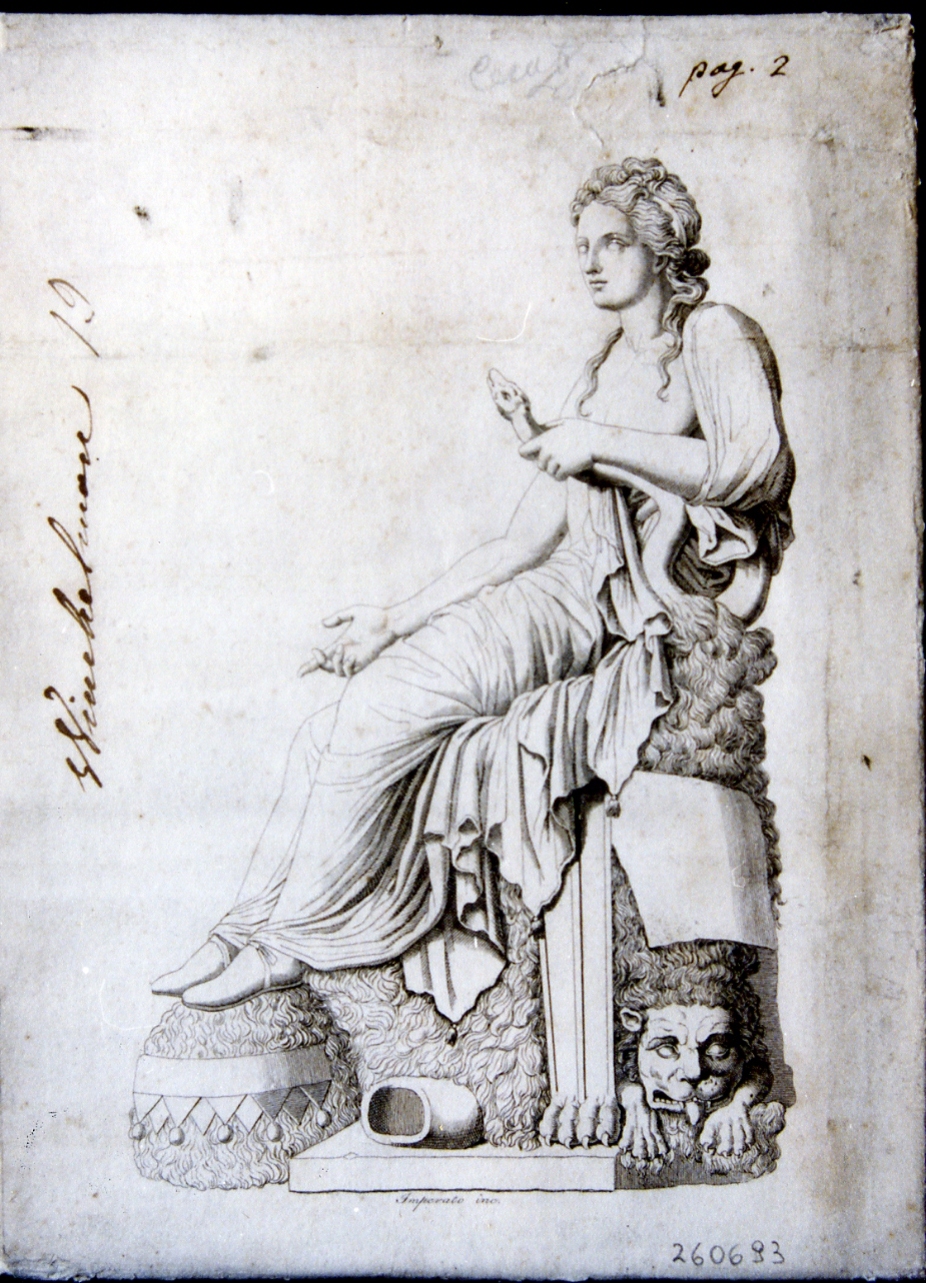 statua di Ercole giovinetto seduto su una pelle di leone che strozza unserpente: veduta laterale (stampa controfondata) di Winckelmann Johann Joachim, Imperato Filippo (primo quarto sec. XIX)