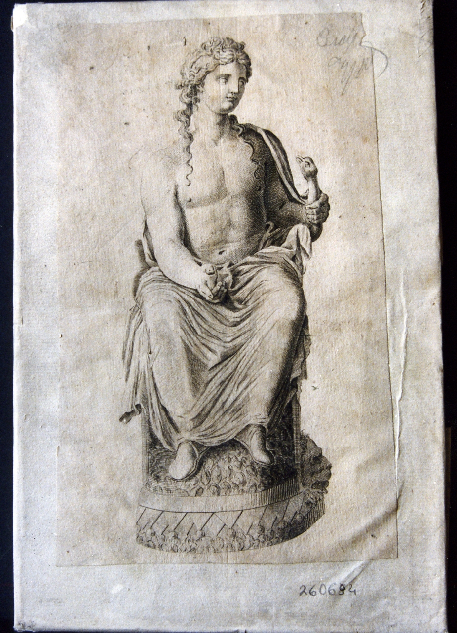 statua di Ercole giovinetto seduto su una pelle di leone che strozza unserpente: veduta frontale (stampa controfondata smarginata) di Winckelmann Johann Joachim (primo quarto sec. XIX)