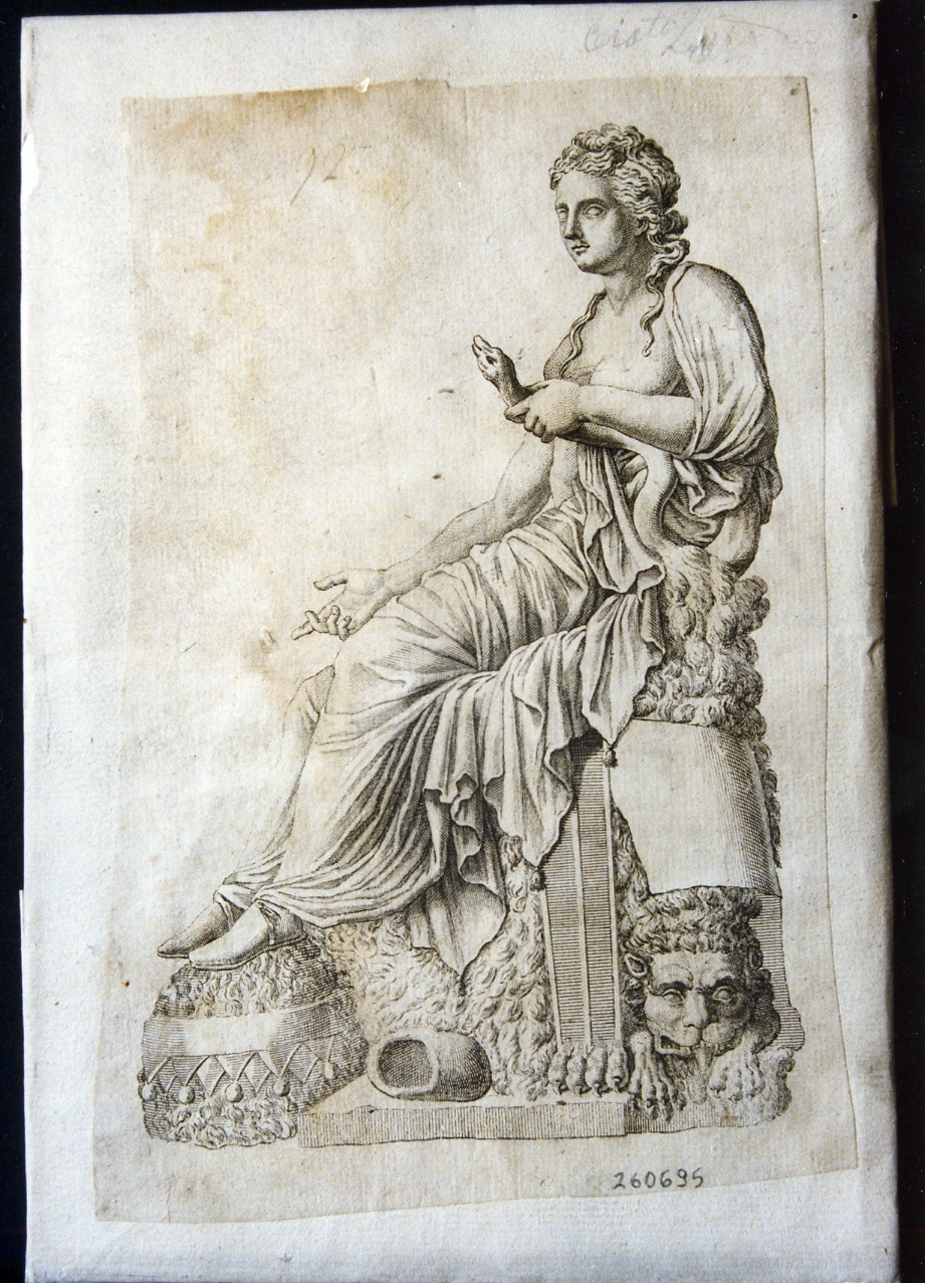 statua di Ercole giovinetto seduto su una pelle di leone che strozza un serpente: veduta laterale (stampa controfondata smarginata) di Winckelmann Johann Joachim (primo quarto sec. XIX)
