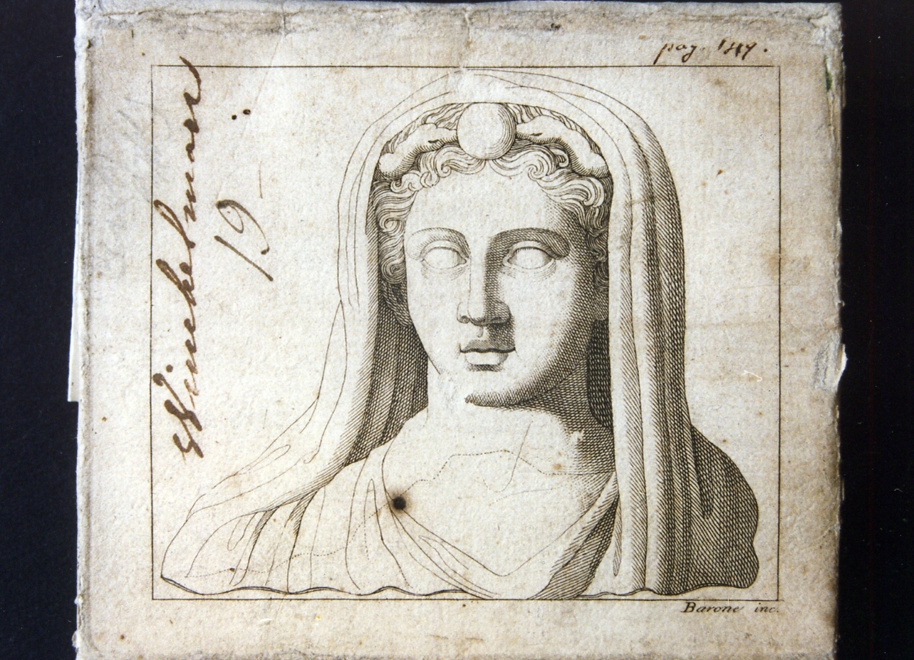 testa di Iside (stampa controfondata) di Winckelmann Johann Joachim (sec. XIX)