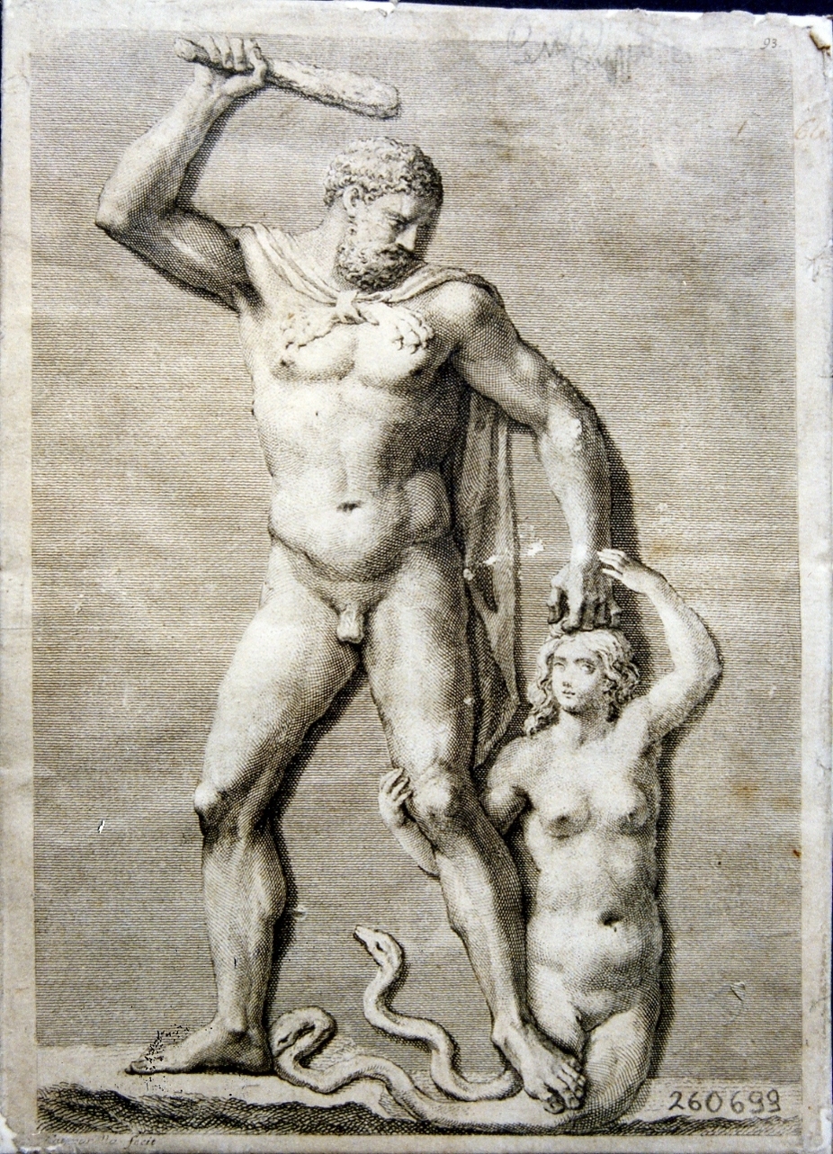 Ercole e l'idra di Lerna (stampa controfondata) di Campanella Angelo, Winckelmann Johann Joachim (secc. XVIII/ XIX)