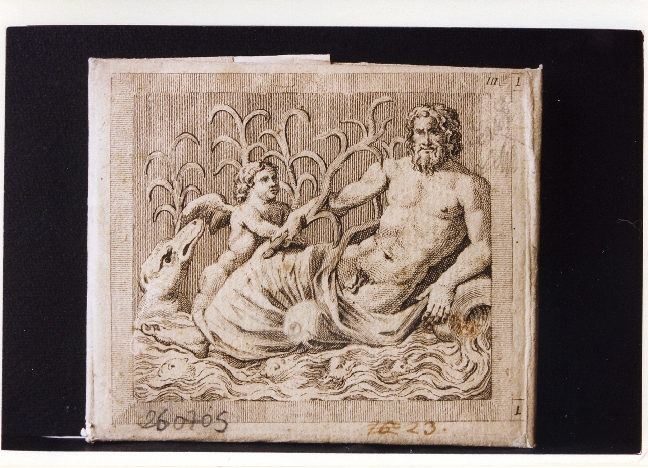 uomo barbuto giacente raffigurante un fiume con amorino alato (stampa controfondata) di Winckelmann Johann Joachim (sec. XVIII)