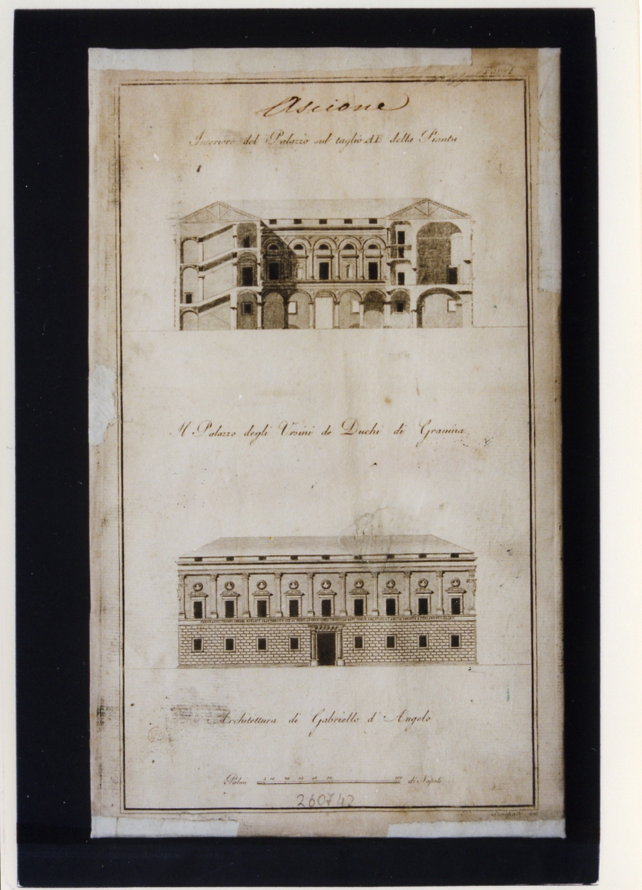 palazzo Gravina a Napoli: facciata e sezione del cortile interno (stampa controfondata) di Scarpati Vincenzo (prima metà sec. XIX)