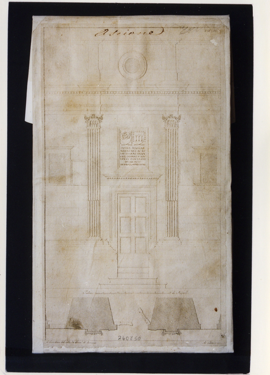 cappella Pontano a Napoli: facciata (stampa controfondata smarginata) di Ascione Emanuele, Clener A, Giordano Giuseppe (prima metà sec. XIX)