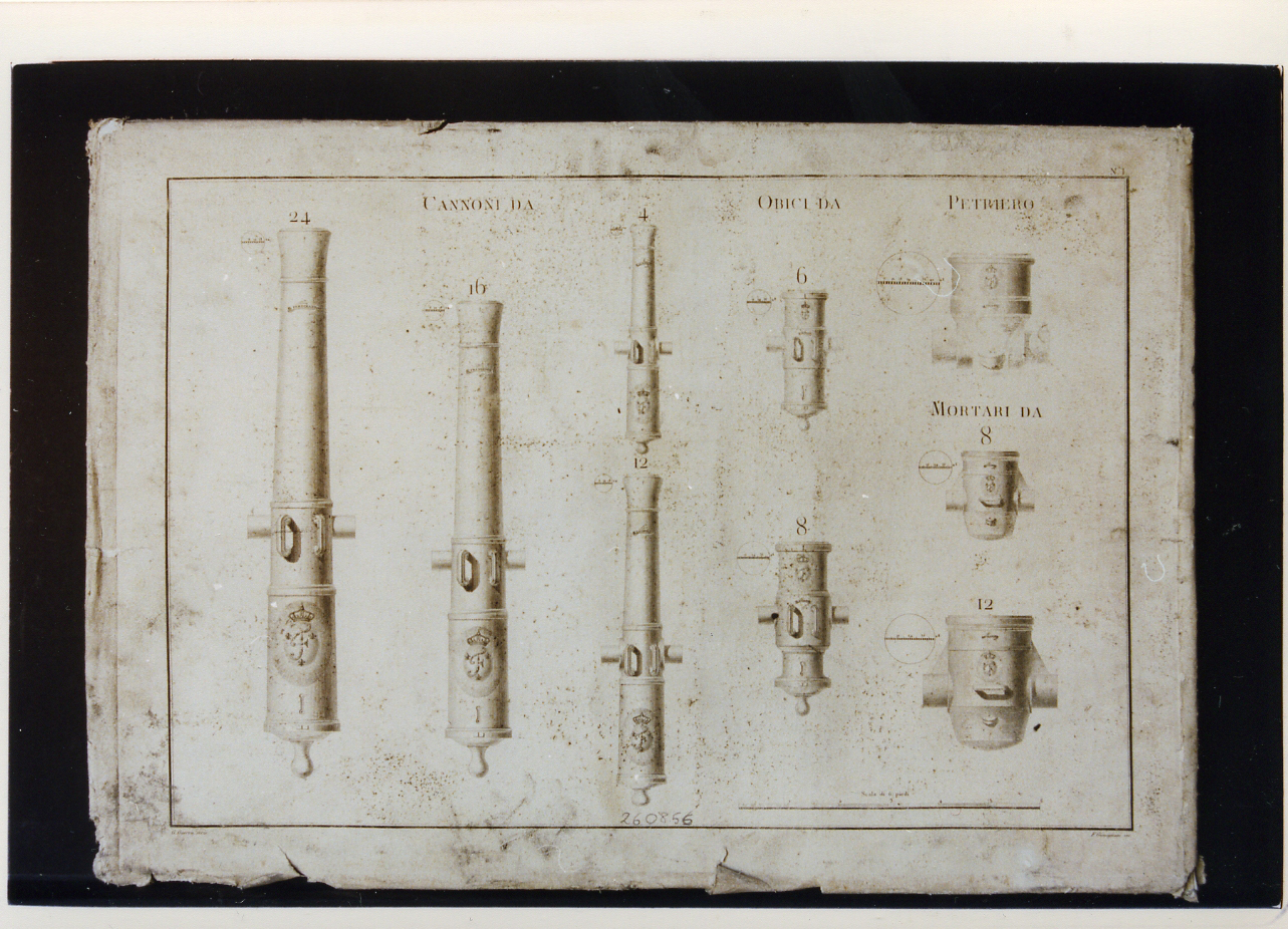 cannoni mortai, obici e petraio (stampa) di Guerra Giuseppe, Giomignani Francesco (ultimo quarto sec. XVIII)