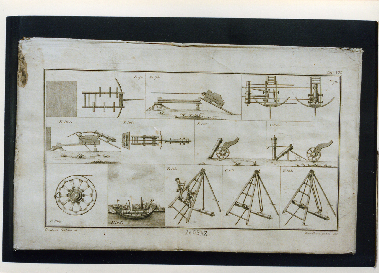 cannoni e strumenti per la movimentazione (stampa controfondata) di Giomignani Francesco, Golino Gaetano (fine/inizio secc. XVIII/ XIX)