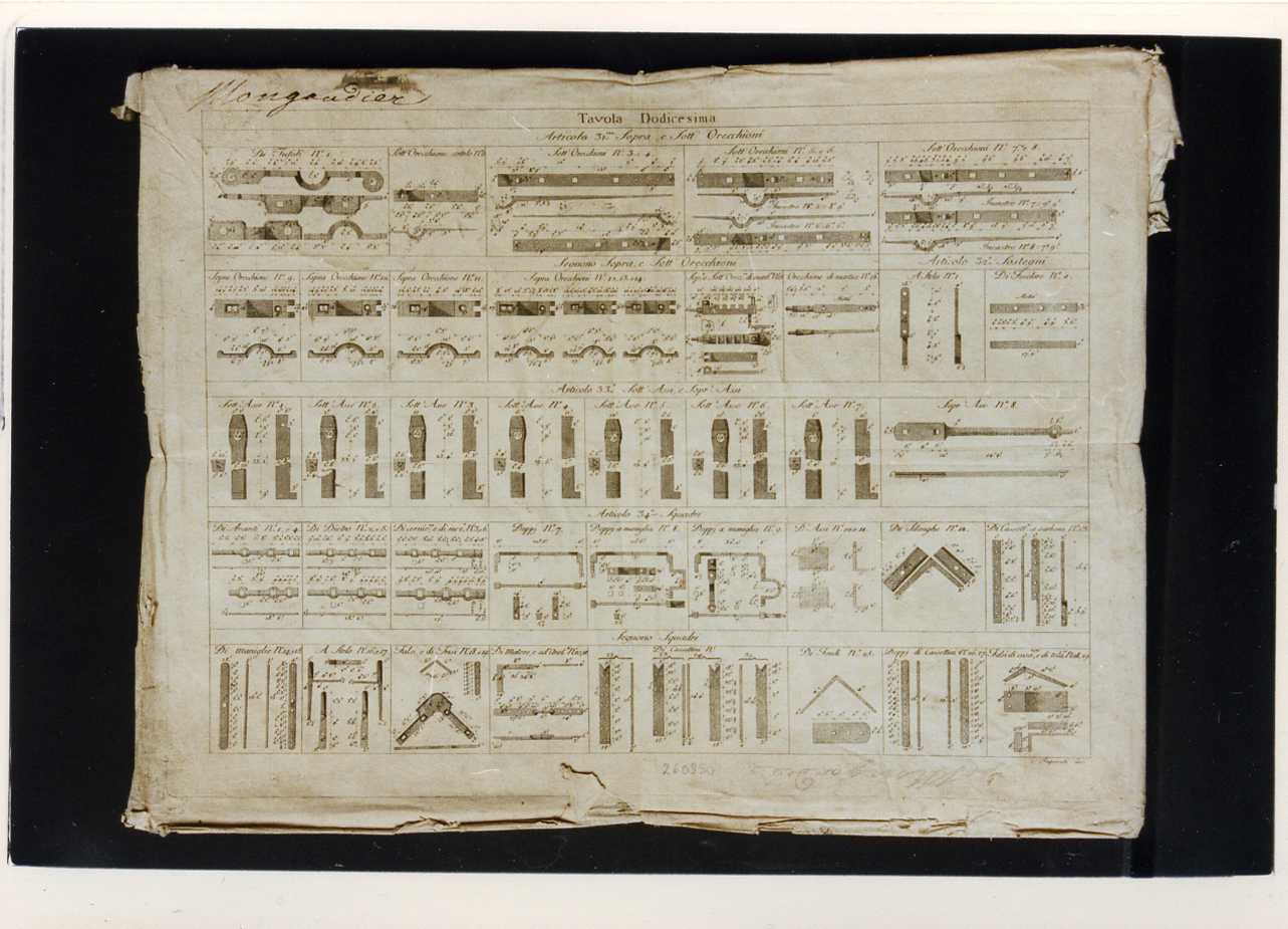 materiale di carpenteria: orecchioni (stampa controfondata) di Imperato Filippo (fine/inizio secc. XVIII/ XIX)