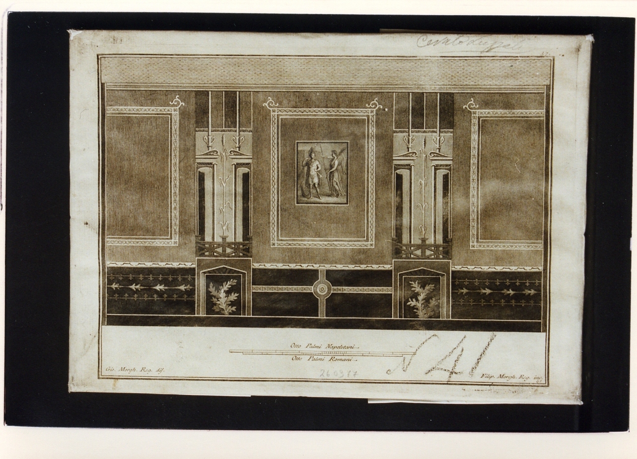 parete affrescata di una casa di Pompei: finta architettura con scenacentrale (stampa controfondata) di Morghen Filippo, Morghen Giuseppe (secc. XVIII/ XIX)