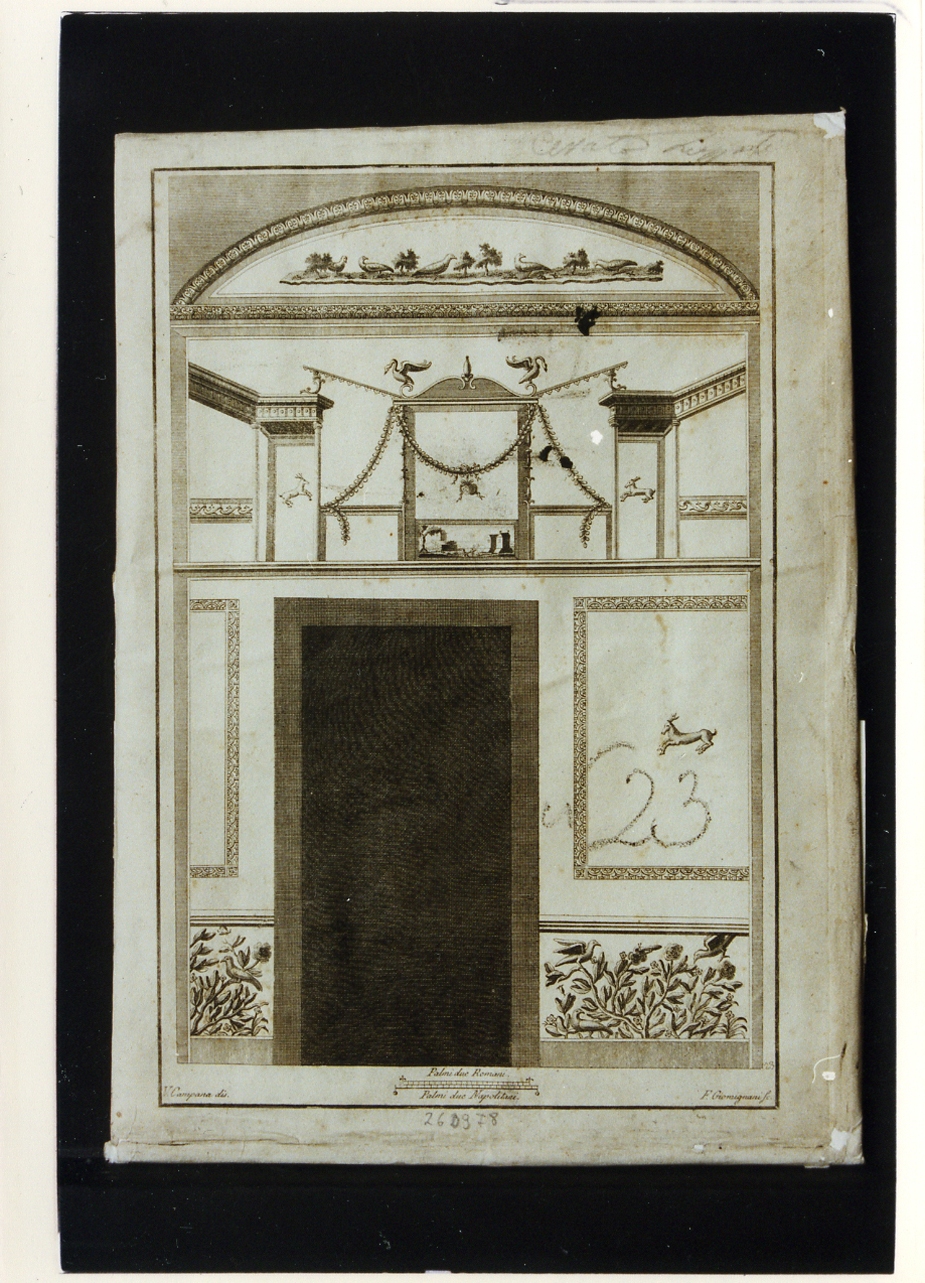 parete affrescata di una casa di Pompei: finta architettura condecorazioni floreali ed uccelli (stampa controfondata) di Giomignani Francesco, Campana Vincenzo (secc. XVIII/ XIX)