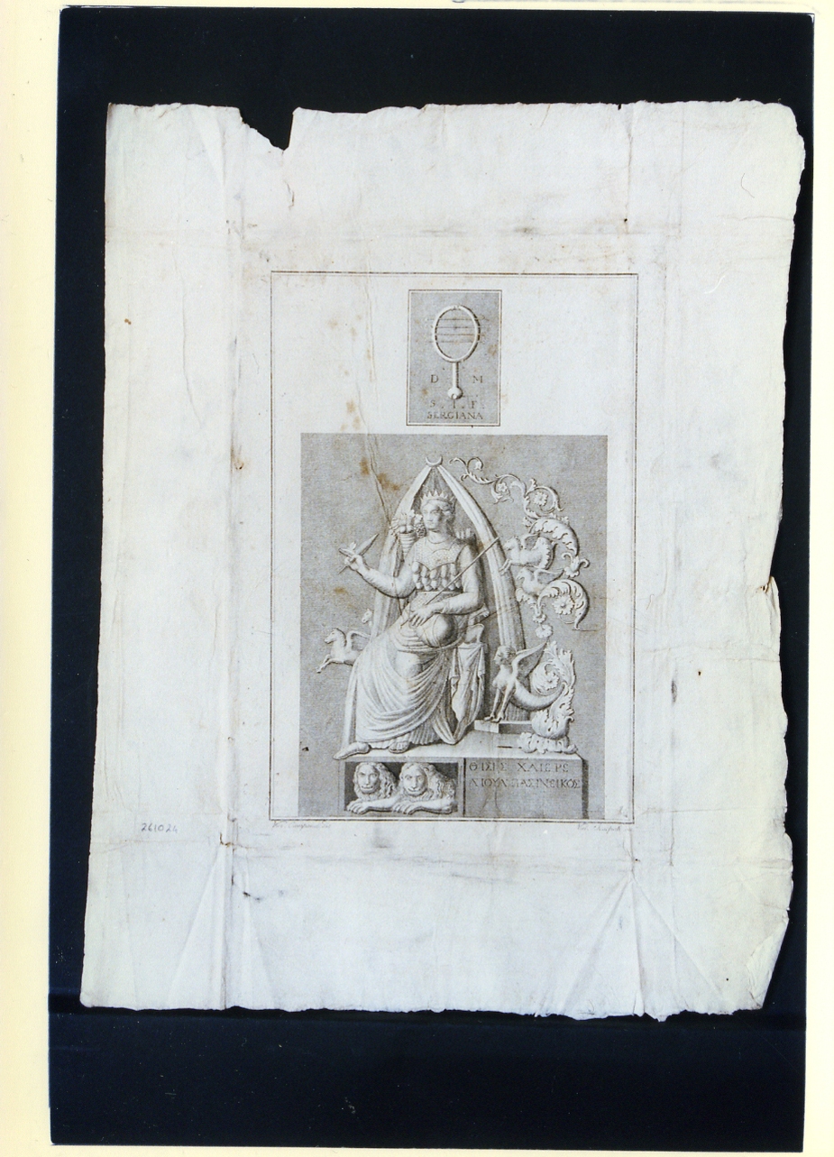 Artemide Efesia con iscrizione greca/ sistro con iscrizione latina (stampa) di Scarpati Vincenzo, Campana Vincenzo (ultimo quarto sec. XVIII)