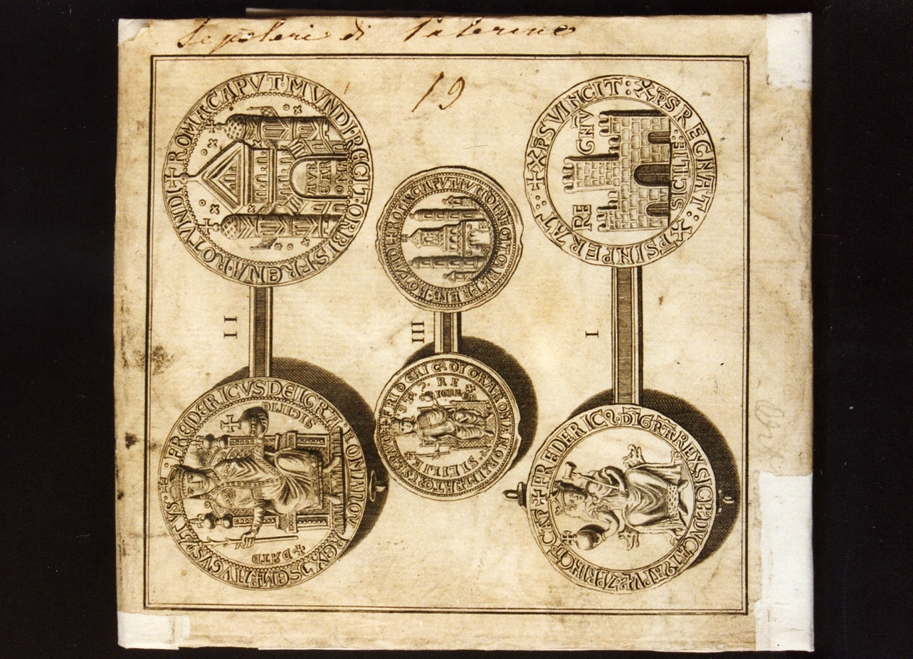 tre monete di Federico imperatore e del Regno di Sicilia (stampa controfondata) - ambito napoletano, ambito napoletano (?) (sec. XVIII)