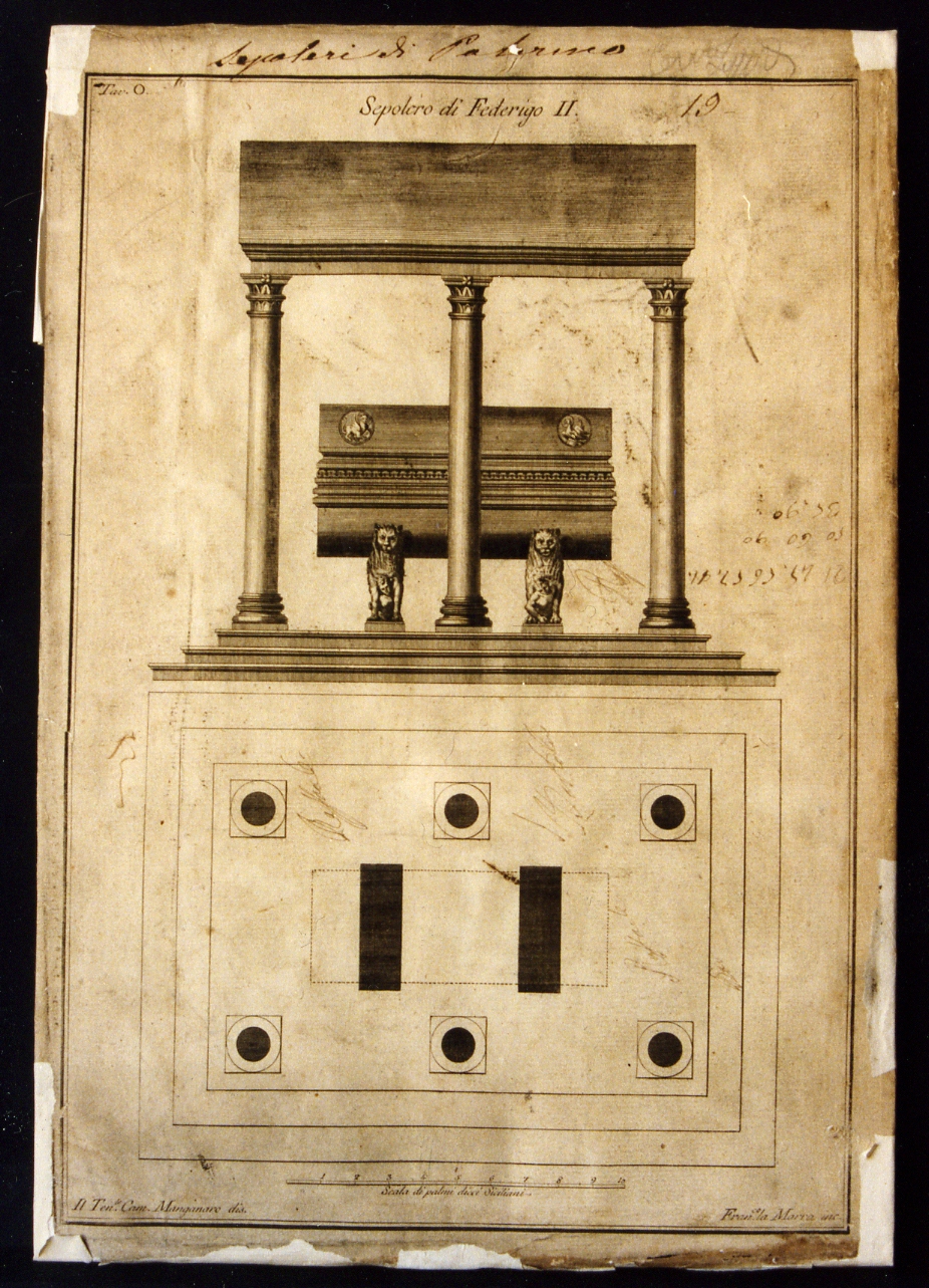 sepolcro di Federico II: pianta e prospetto (stampa controfondata) di La Marra Francesco, Manganaro Camillo (sec. XVIII)