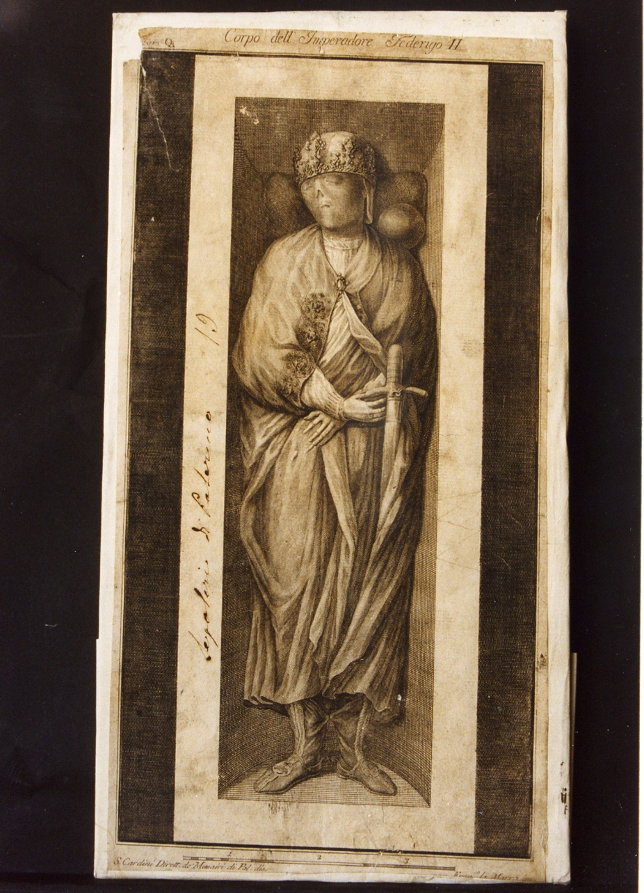 corpo dell' imperatore Federico II (stampa controfondata smarginata) di La Marra Francesco (sec. XVIII)