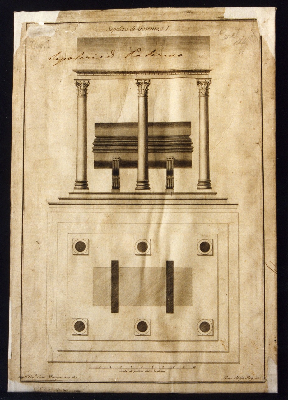 sepolcro di Costanza I: prospetto e pianta (stampa controfondata) di Manganaro Camillo, Alloja Giuseppe (sec. XVIII)