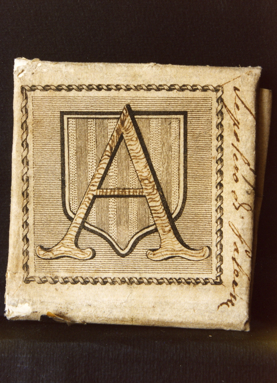 lettera A con scudo (stampa controfondata) - ambito napoletano, ambito napoletano (?) (sec. XVIII)