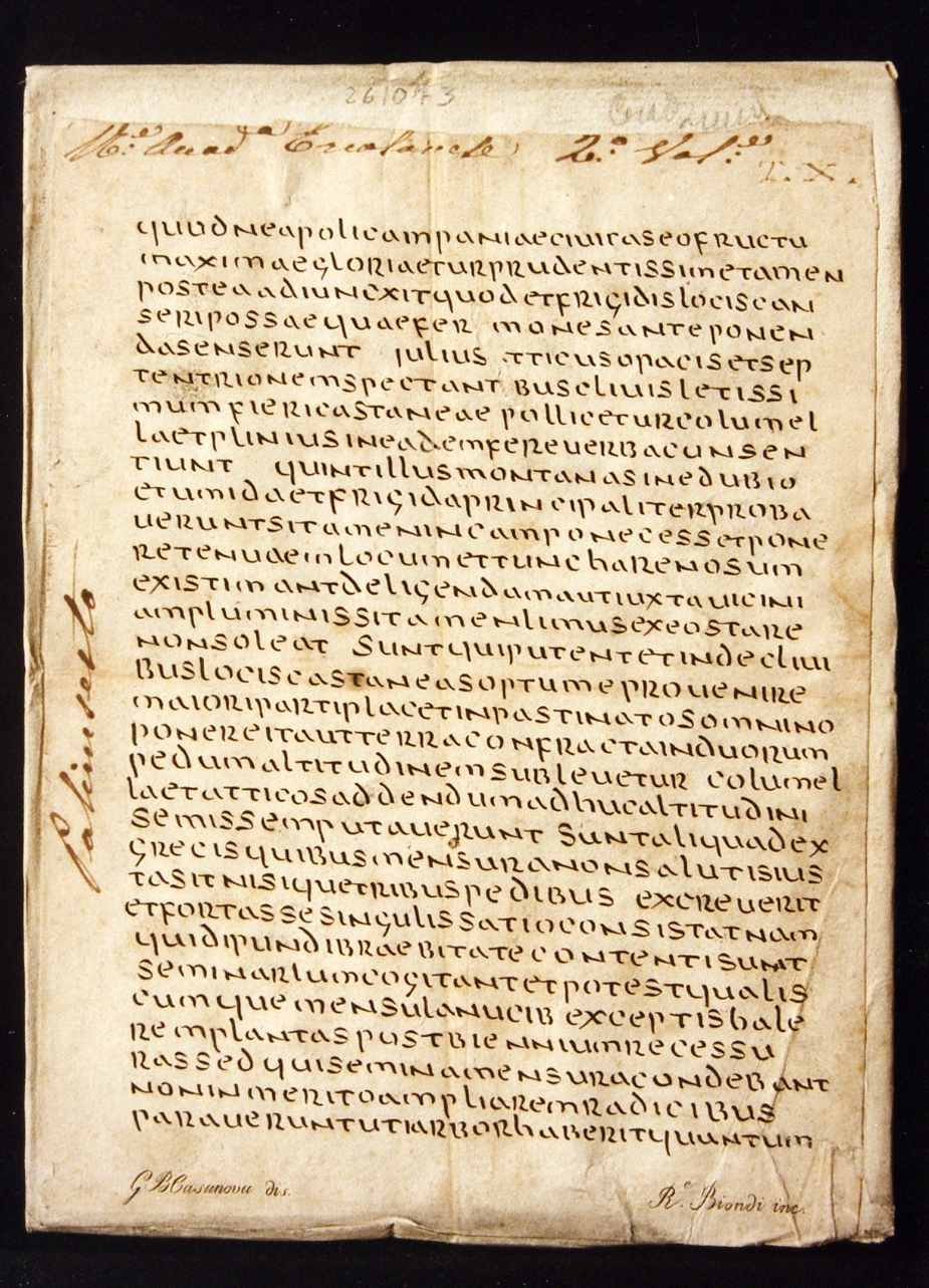 testo latino: codice (stampa controfondata smarginata) di Biondi Raffaele, Casanova Giovanni Battista (sec. XIX)