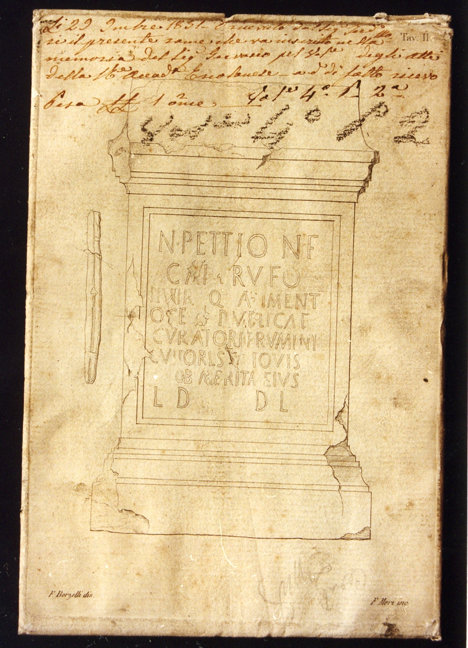 monumento con iscrizione (stampa) di Mori Ferdinando, Borzelli F (sec. XIX)