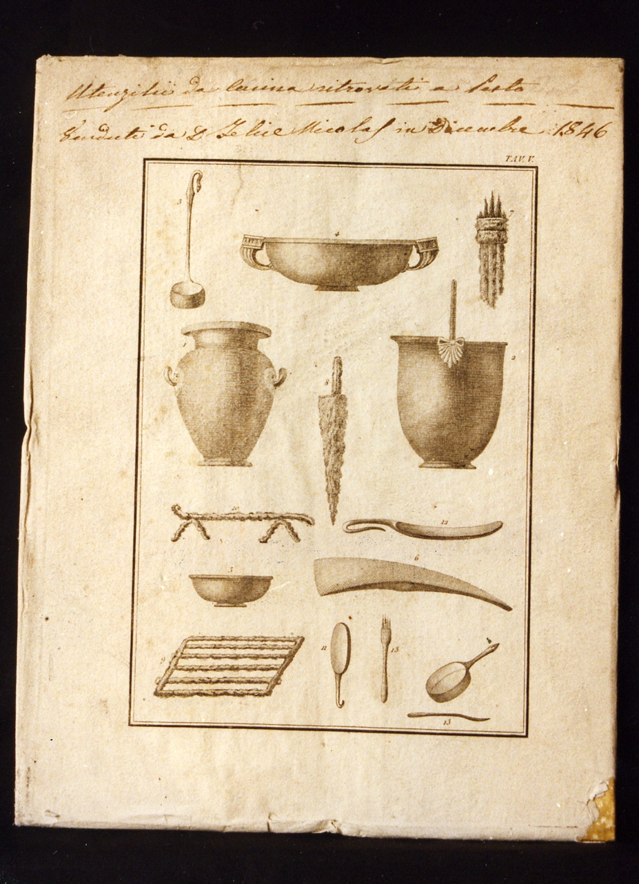 attrezzi da cucina ritrovati a Paestum (stampa) - ambito napoletano, ambito napoletano (?) (sec. XIX)