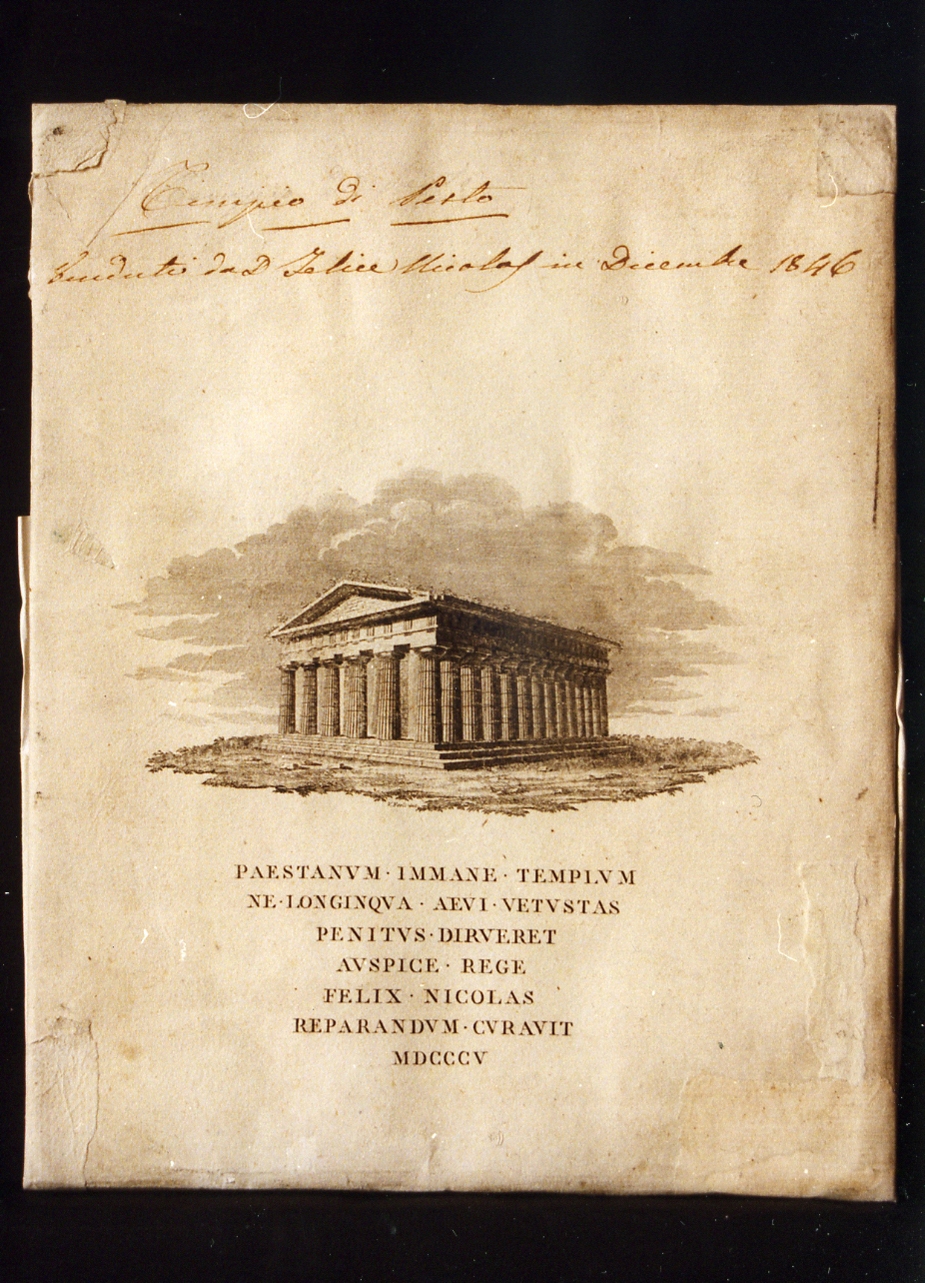 veduta di tempio di Paestum (stampa controfondata) - ambito napoletano, ambito napoletano (?) (sec. XIX)