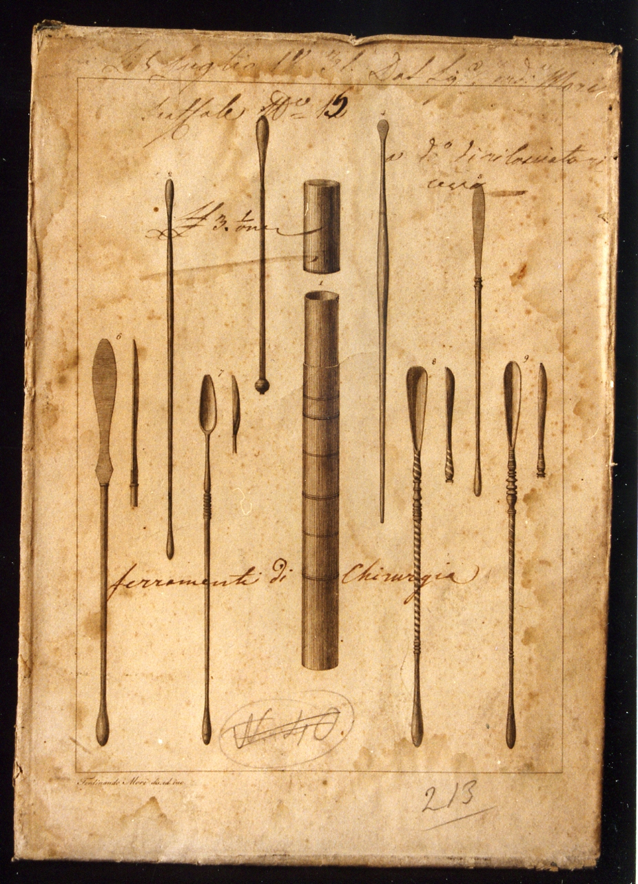 riproduzione di strumenti chirurgici (stampa) di Mori Ferdinando (secc. XVIII/ XIX)