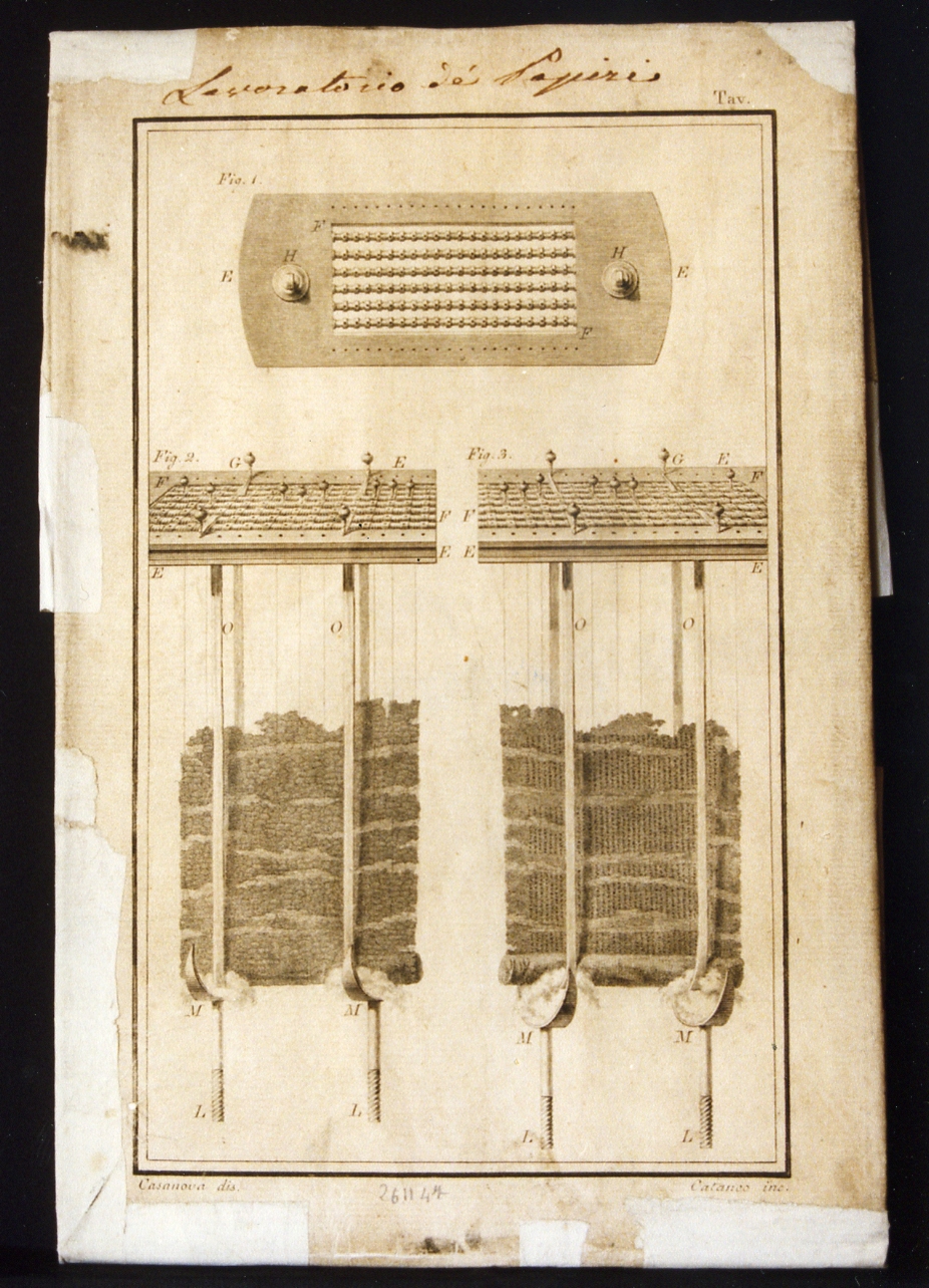 struttura originaria della macchina di Piaggio per srotolare papiri (stampa controfondata) di Casanova Giovanni Battista, Cataneo Aniello (secc. XVIII/ XIX)