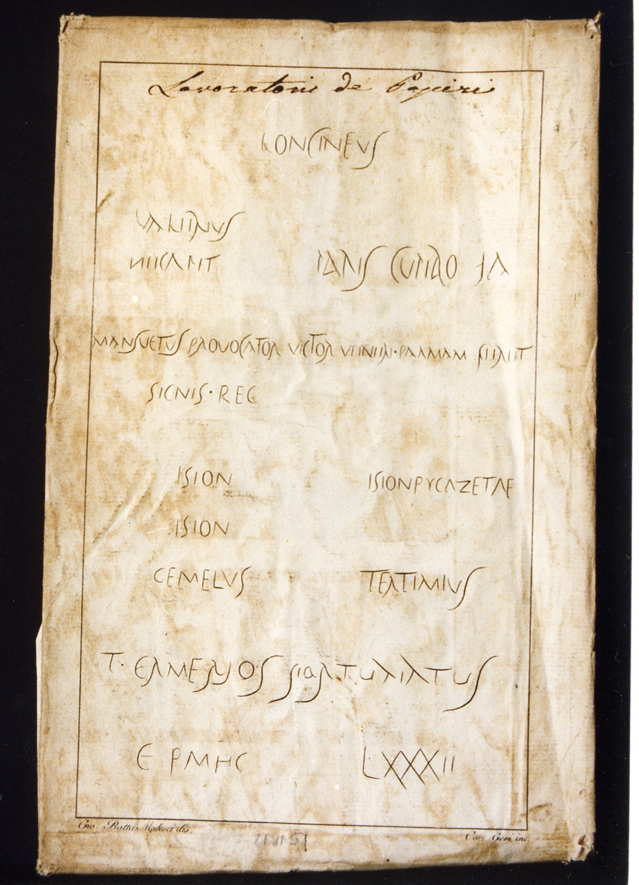 riproduzione di graffiti probabilmente pompeiani (stampa controfondata) di Malesci Giovanni Battista (seconda metà sec. XVIII)