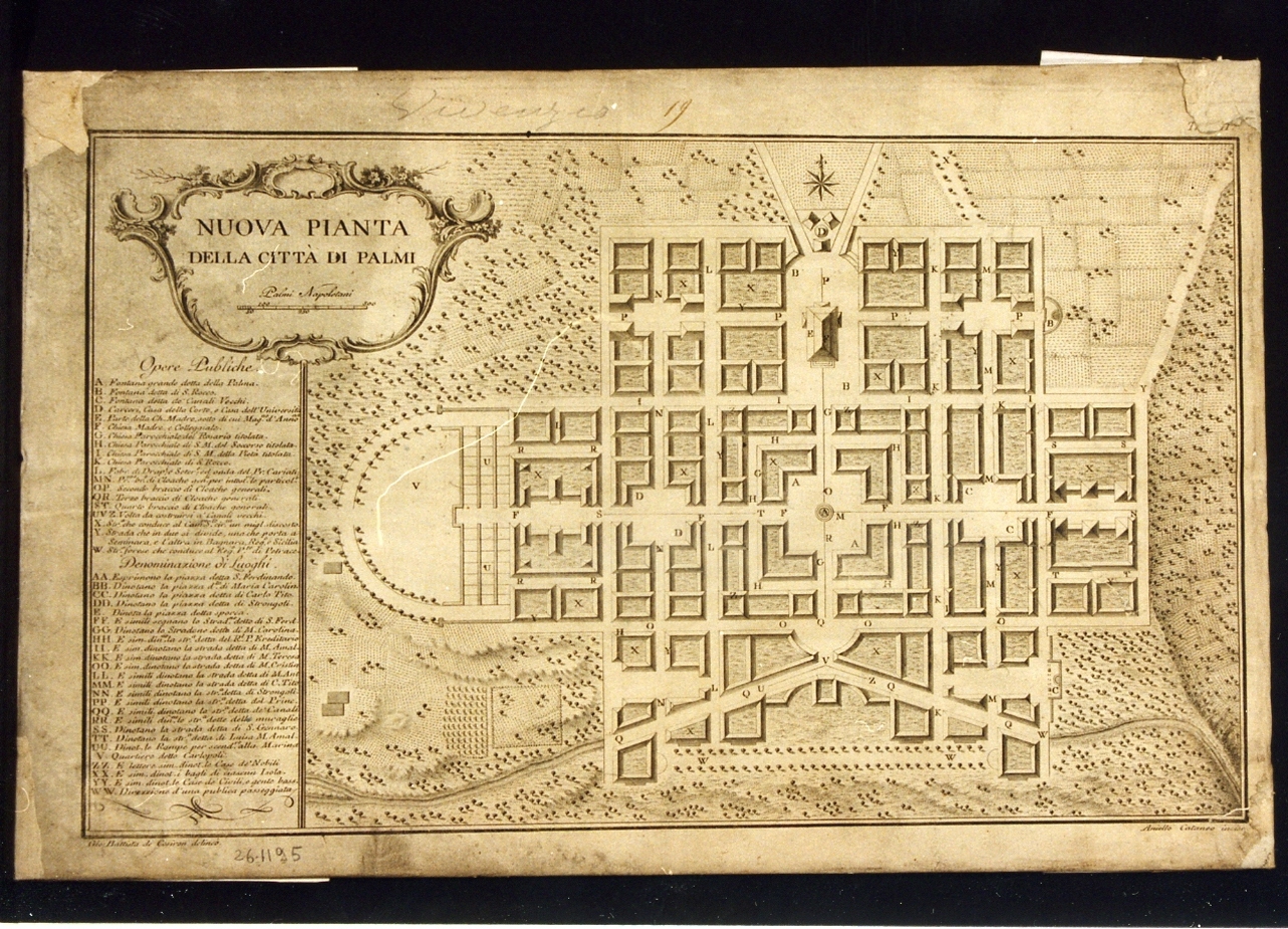 planimetria di progetto di insieme della città di Palmi (stampa controfondata) di De Cosiron Giovan Battista, Cataneo Aniello (sec. XVIII)