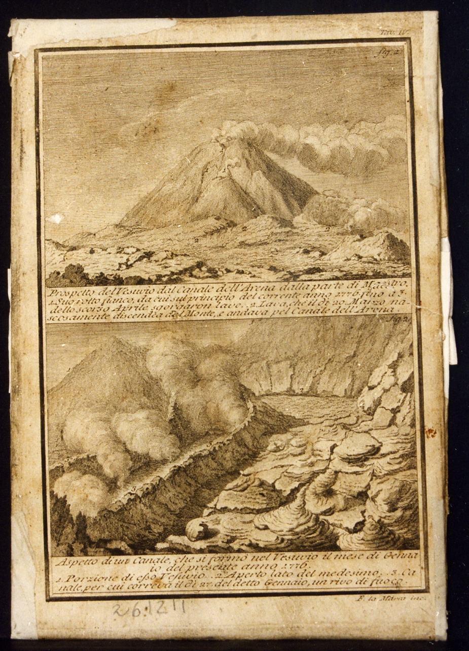 veduta del Vesuvio nell'eruzione del 1776/ veduta di un canale di lavaformatosi nel gennaio 1776 (stampa controfondata) di La Marra Francesco (sec. XVIII)