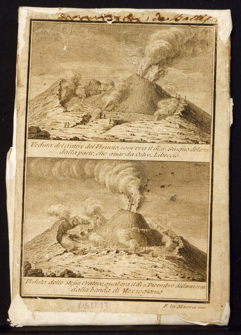 veduta del Vesuvio nell'eruzione del giugno 1775/ veduta del Vesuvio nell 'eruzione del dicembre del 1775 (stampa controfondata) di La Marra Francesco (sec. XVIII)