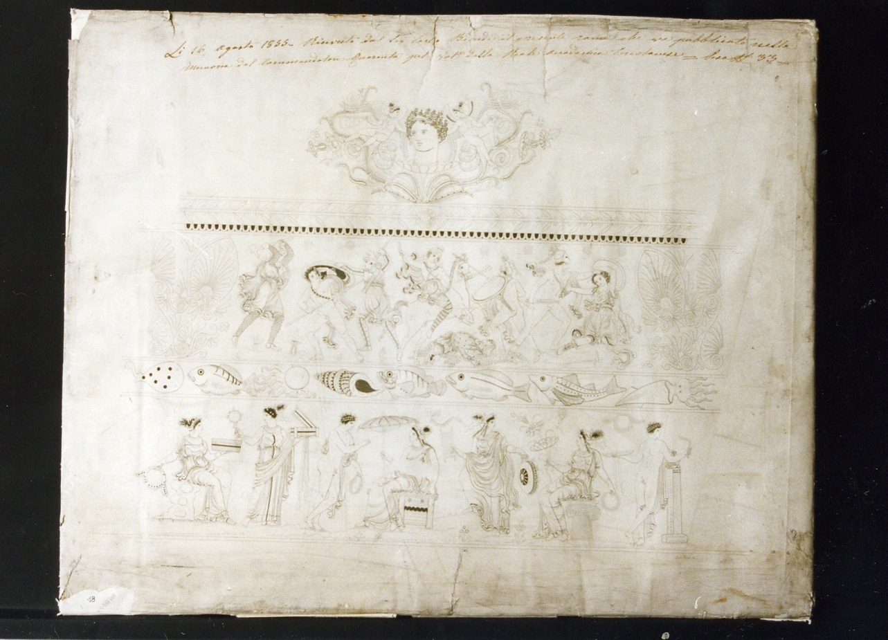 parte della raffigurazione di un vaso apulo con scena di lotta traAmazzoni e Greci e con scena di toletta (stampa controfondata) di Biondi Carlo (sec. XIX)