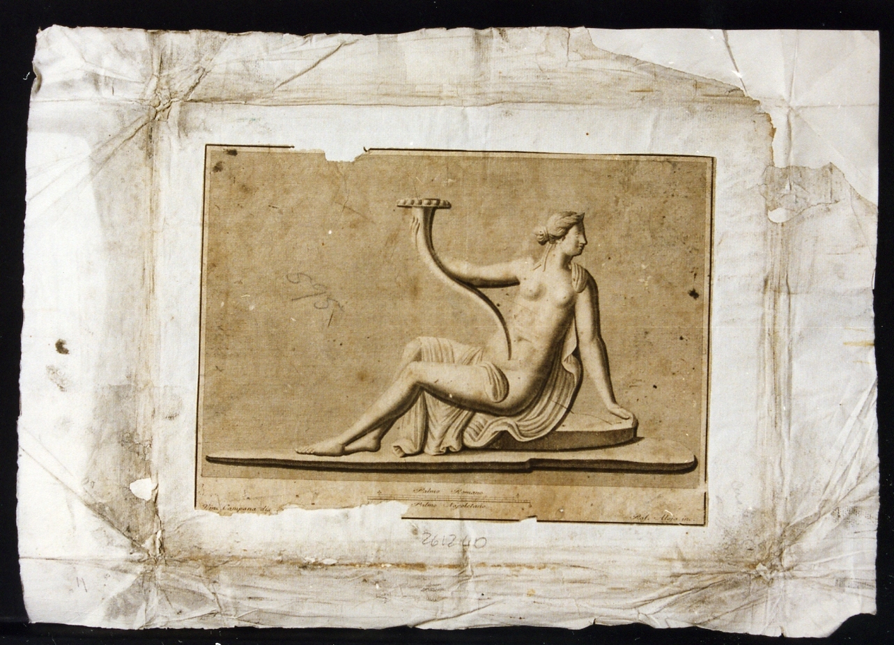 statua femminile assisa con cornucopia o rythion (stampa controfondata smarginata) di Campana Vincenzo, Aloja Raffaele (seconda metà sec. XVIII)