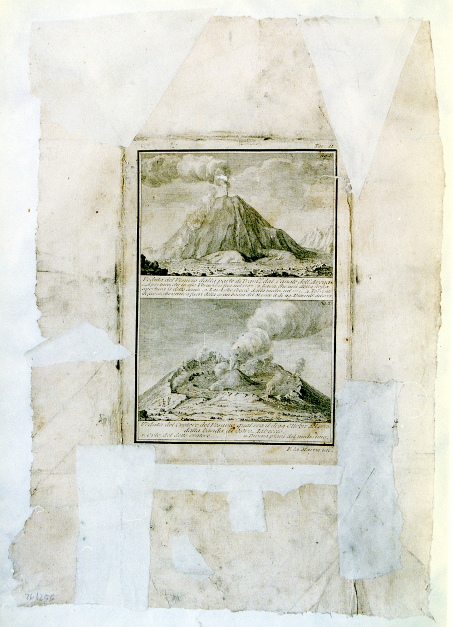 veduta del Vesuvio nell'eruzione del giugno 1775/ veduta del Vesuvio nell 'eruzione del dicembre del 1775 (stampa controfondata) di La Marra Francesco (sec. XVIII)