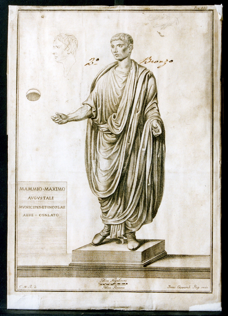 statua di Mammio Massimo (stampa controfondata) di Cepparoli Francesco, Morghen Giovanni Elia (sec. XVIII)