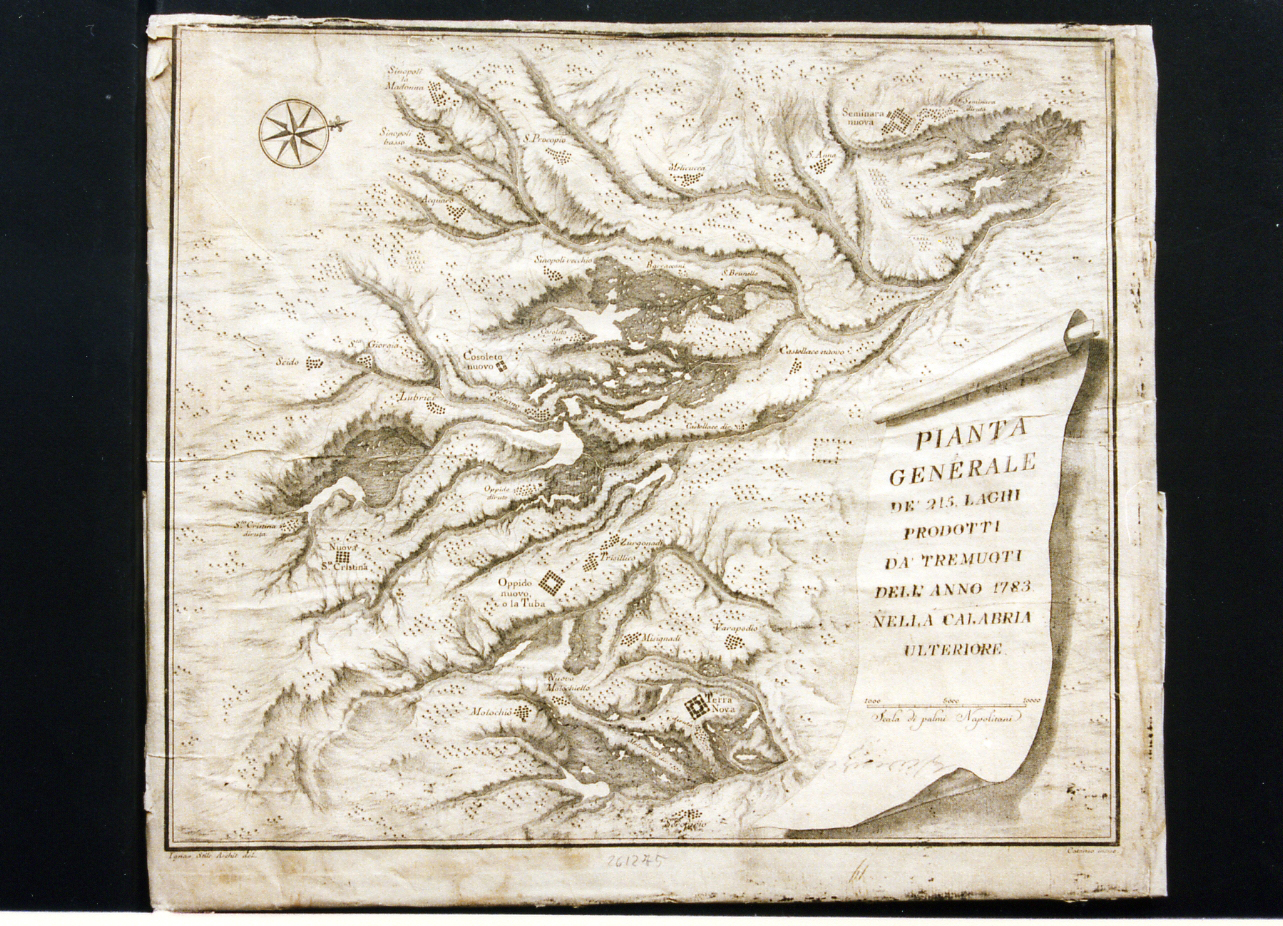 carta geografica della Calabria con i laghi formatisi dopo il terremoto del 1783 (stampa controfondata) di Stile Ignazio, Cataneo Aniello (sec. XVIII)