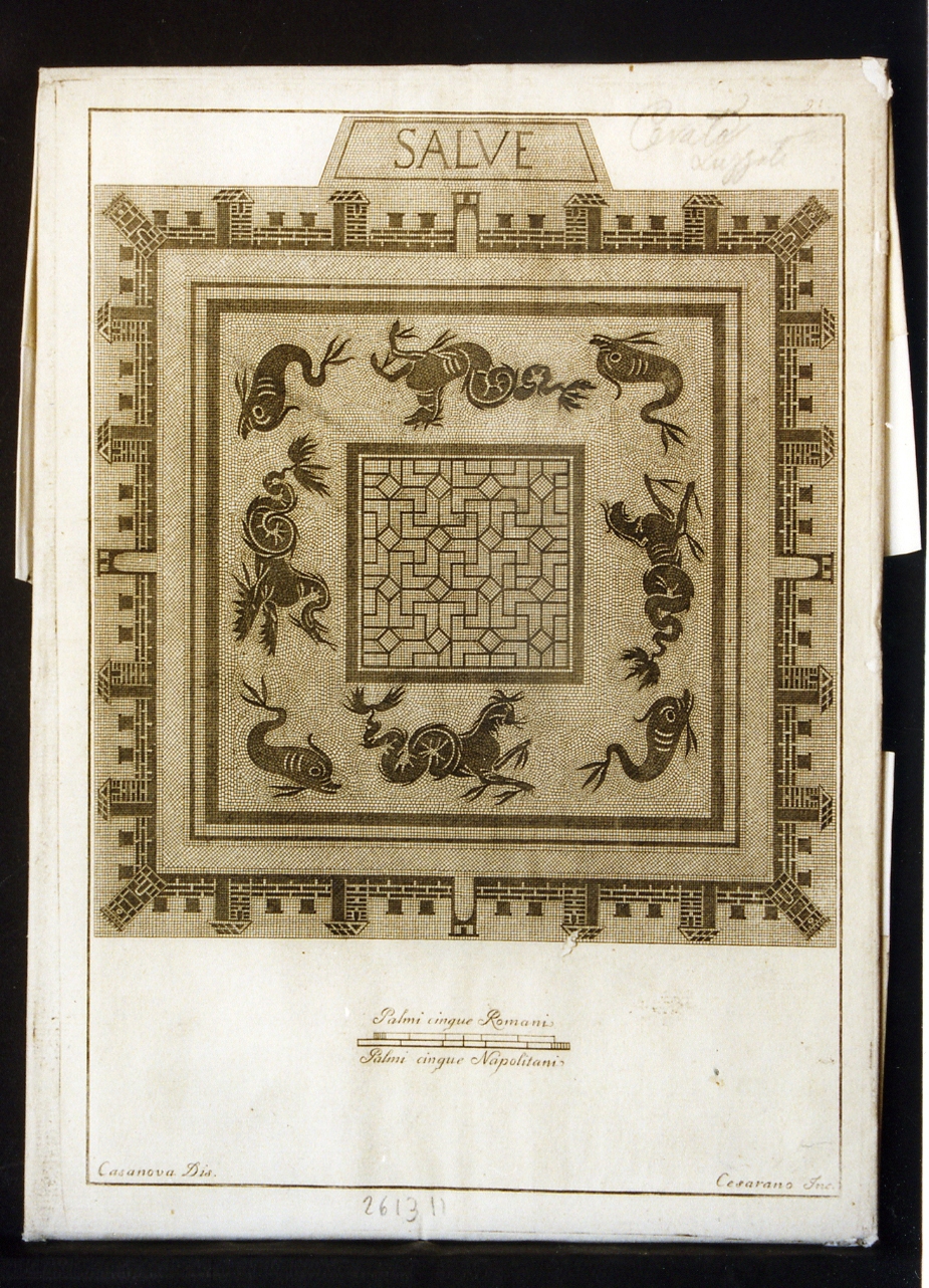 mosaico con emblema geometrico, fauna marina, cinta di mura turrite (stampa controfondata smarginata) di Cesarano Niccolò, Casanova Giovanni Battista (sec. XVIII)