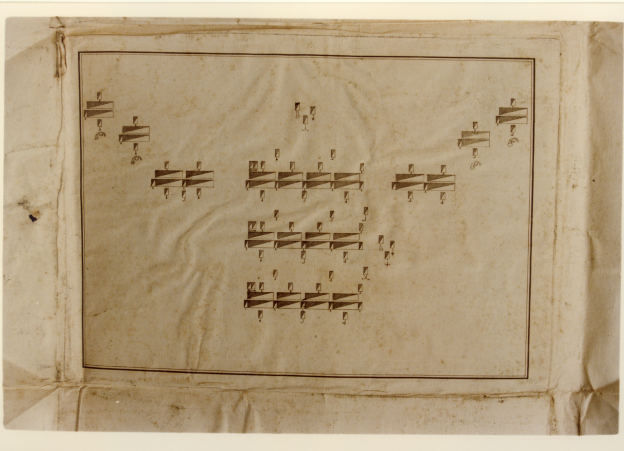 schema di manovre con reggimenti di cavalleria (ordinanze di cavalleria) (stampa controfondata) di Segoni Vincenzo (secc. XVIII/ XIX)