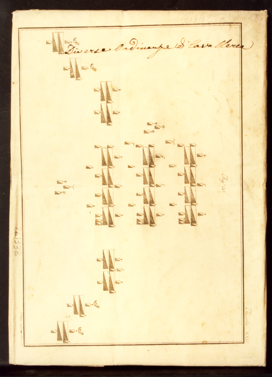 schema di allineamento di cavalleria (ordinanze di cavalleria) (stampa controfondata) di Lomasto Tommaso (secc. XVIII/ XIX)