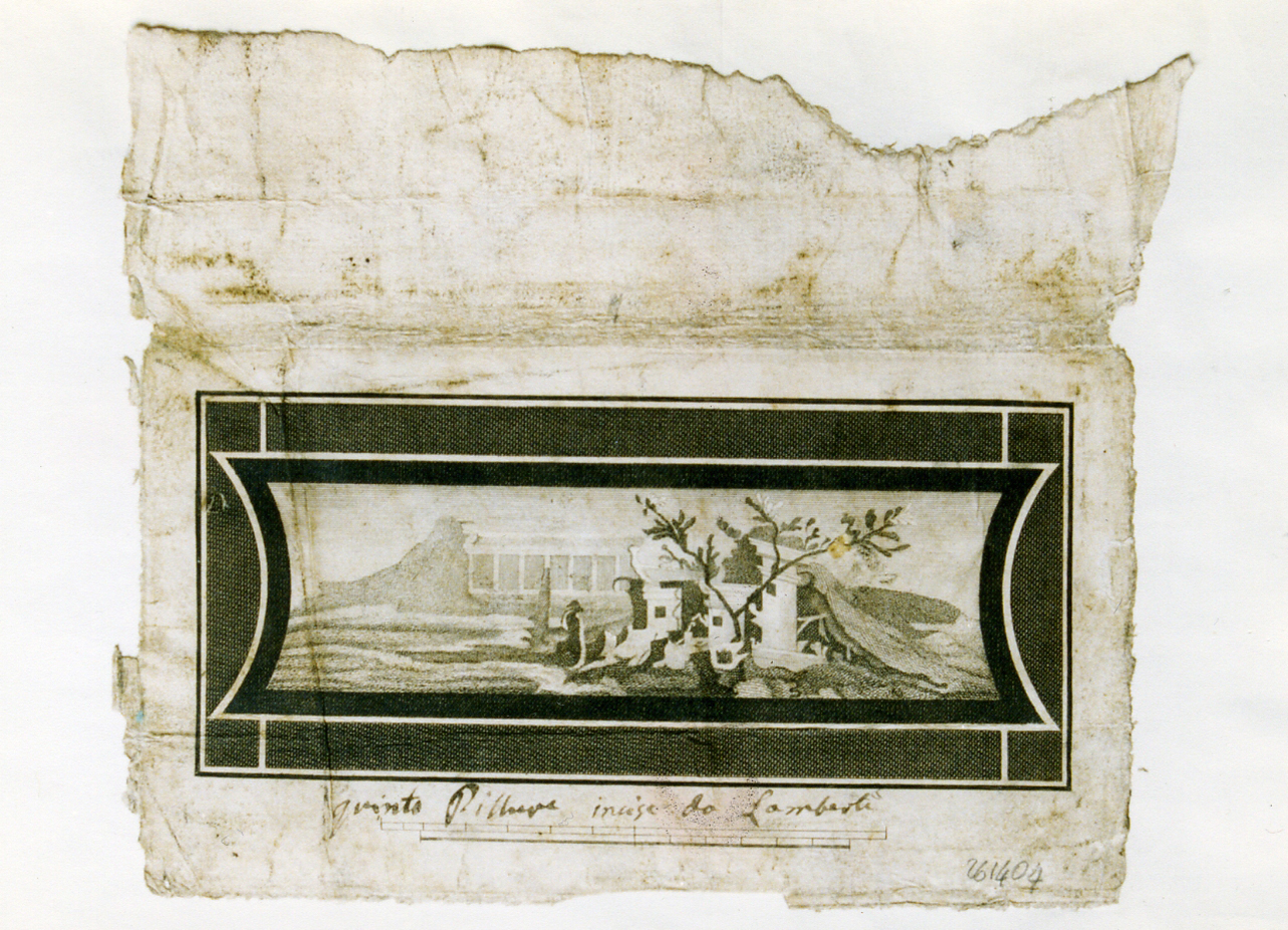 affresco: paesaggio con architetture (stampa controfondata smarginata) di Mangini Lorenzo, Campana Vincenzo (sec. XVIII)