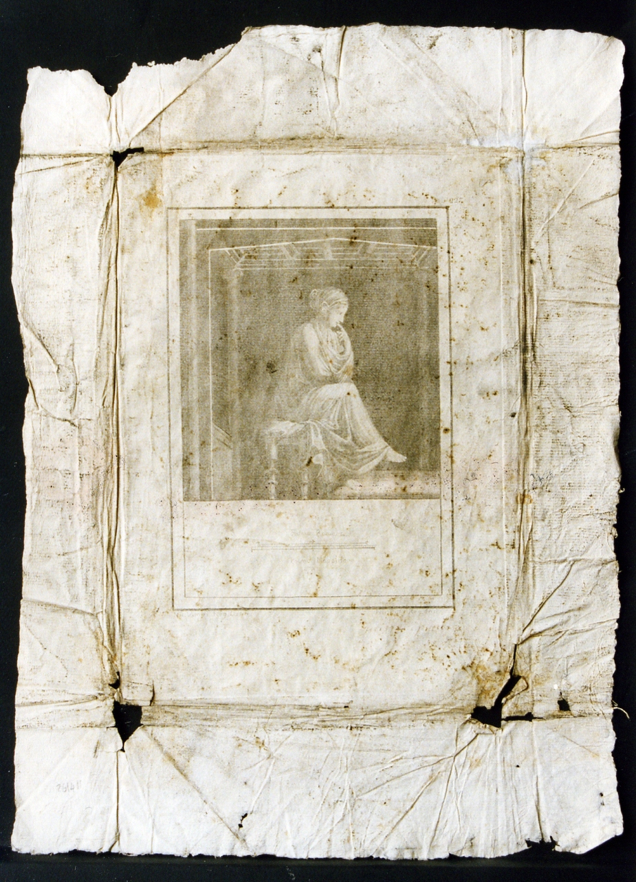 affresco: finta architettura e figura femminile seduta (stampa) di Mangini Lorenzo, Campana Vincenzo (seconda metà sec. XVIII)