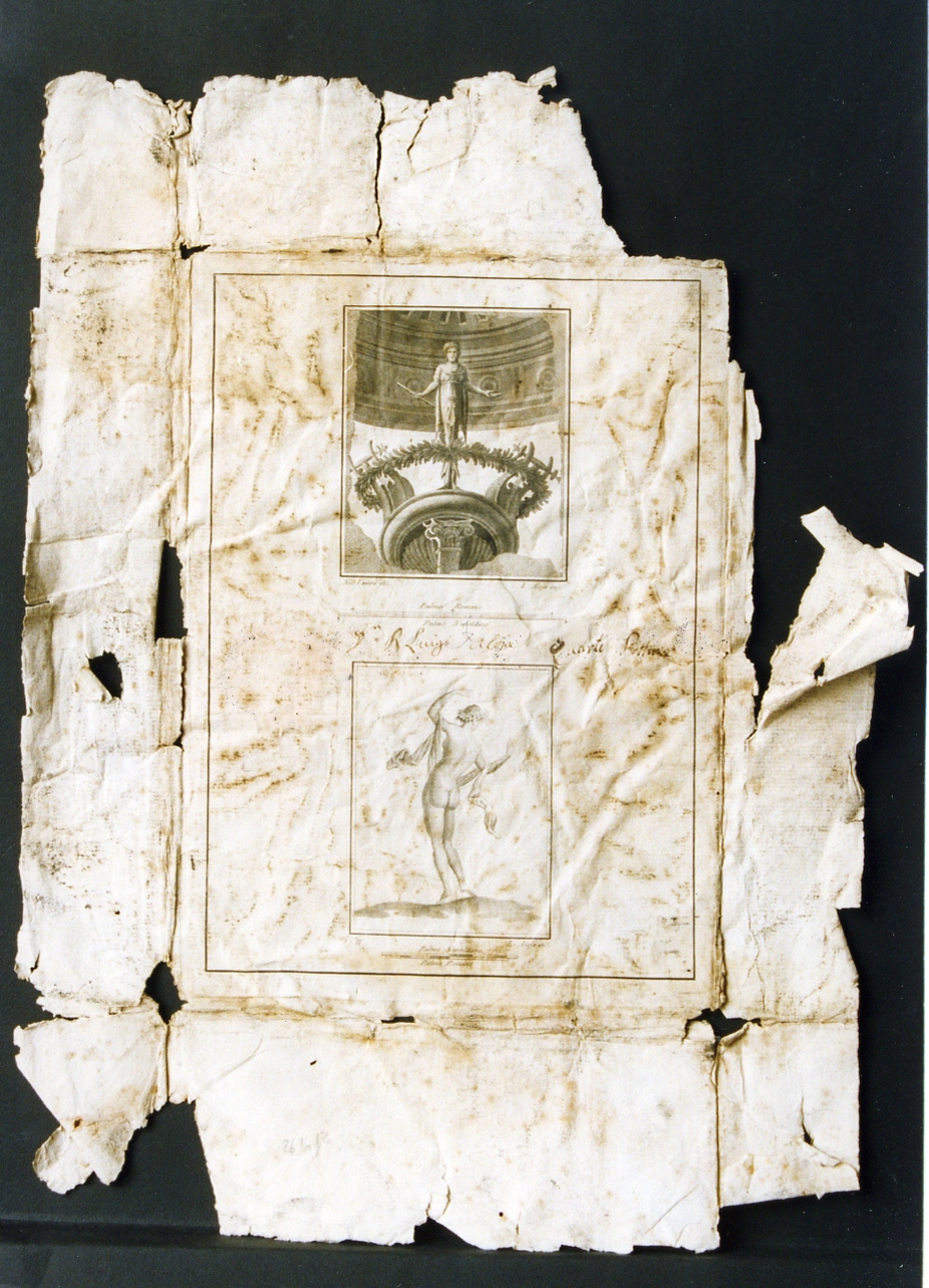 affreschi: elemento decorativo/ menade danzante (stampa smarginata) di Mangini Lorenzo, Campana Vincenzo (seconda metà sec. XVIII)