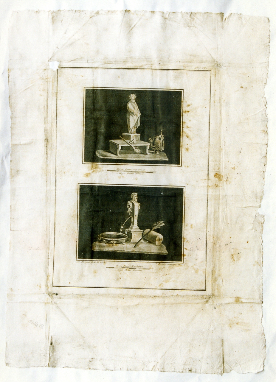 affreschi: statuina maschile e simboli dionisiaci/ erma e simbolidionisiaci (stampa) di Mangini Lorenzo, Campana Vincenzo (seconda metà sec. XVIII)