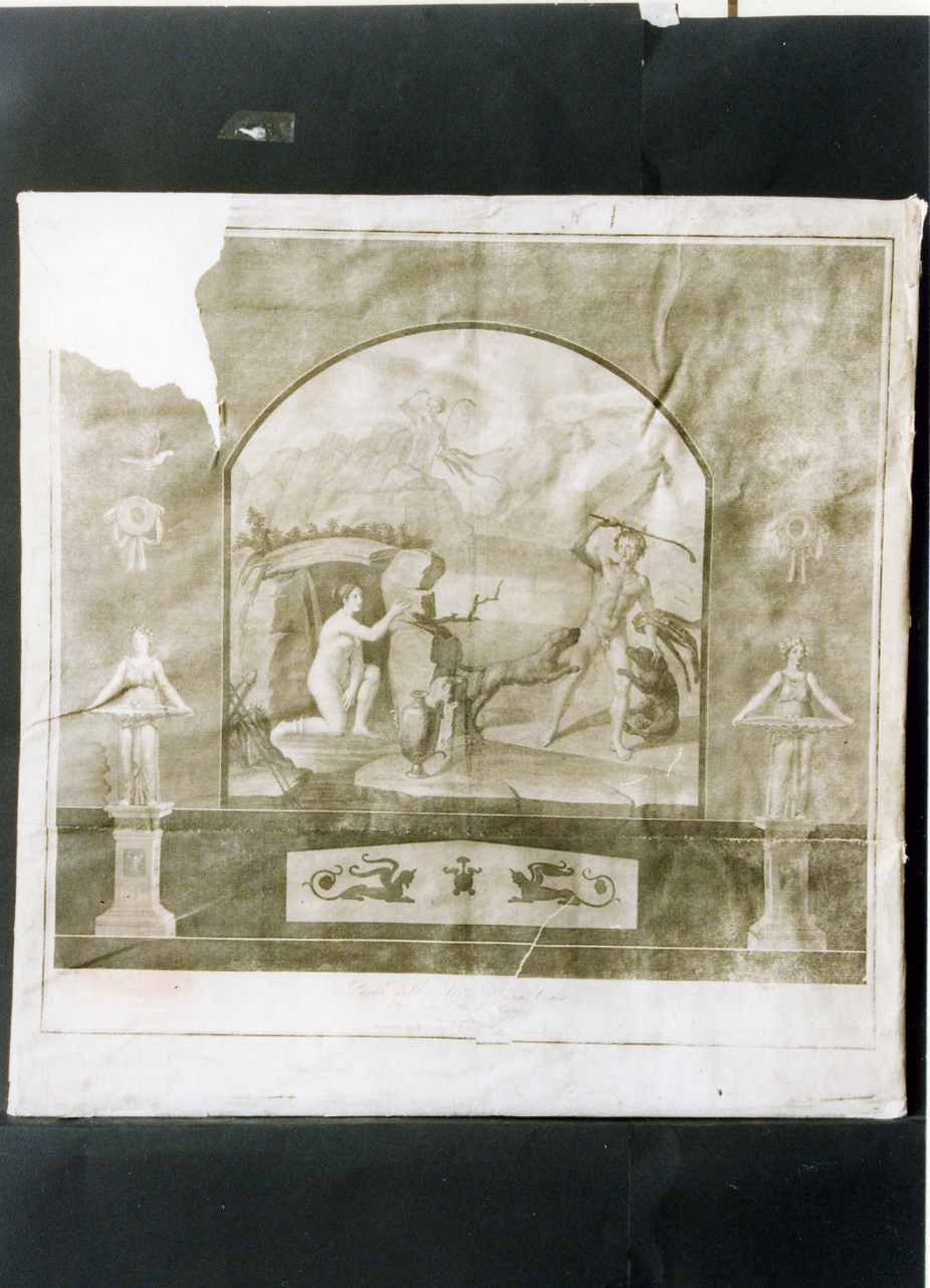 parete dipinta di una casa di Pompei con raffigurazione di Diana edAtteone (stampa controfondata) di Morghen Guglielmo, Morelli Francesco (sec. XVIII)