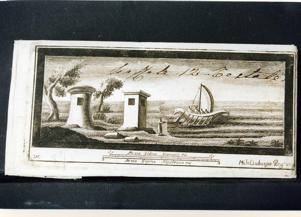 paesaggio marino con architetture, figure e barca (stampa) di Luduasio Michele, Campana Vincenzo (seconda metà sec. XVIII)