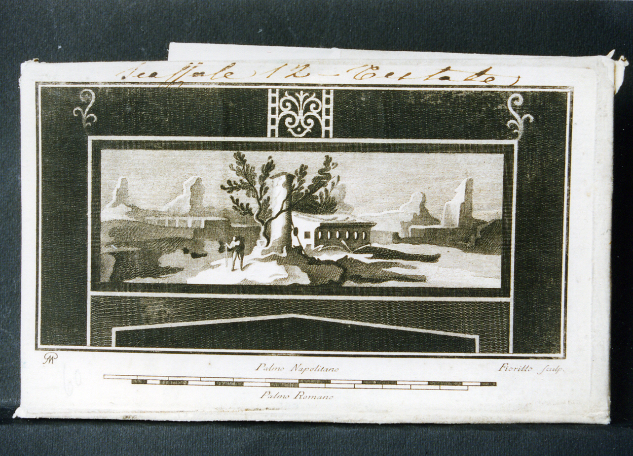 paesaggio con architetture e figura entro cornice con elementi decorativi (stampa controfondata) di Fiorillo Nicola, Morghen Giovanni Elia (sec. XVIII)