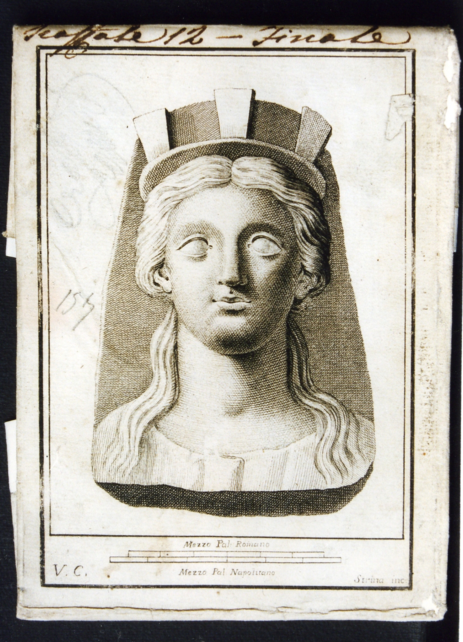 antefissa a testa di divinità turrita in terracotta (stampa controfondata) di Campana Vincenzo, Strina Ferdinando (sec. XVIII)