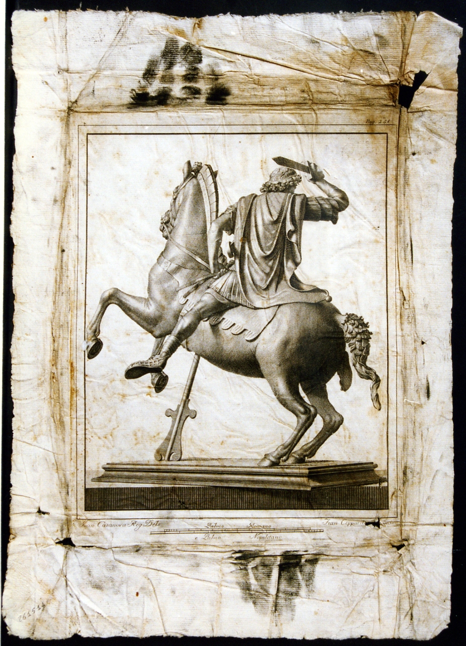 statuetta di Alessandro a cavallo, veduta posteriore (stampa) di Cepparoli Francesco, Casanova Giovanni Battista (sec. XVIII)