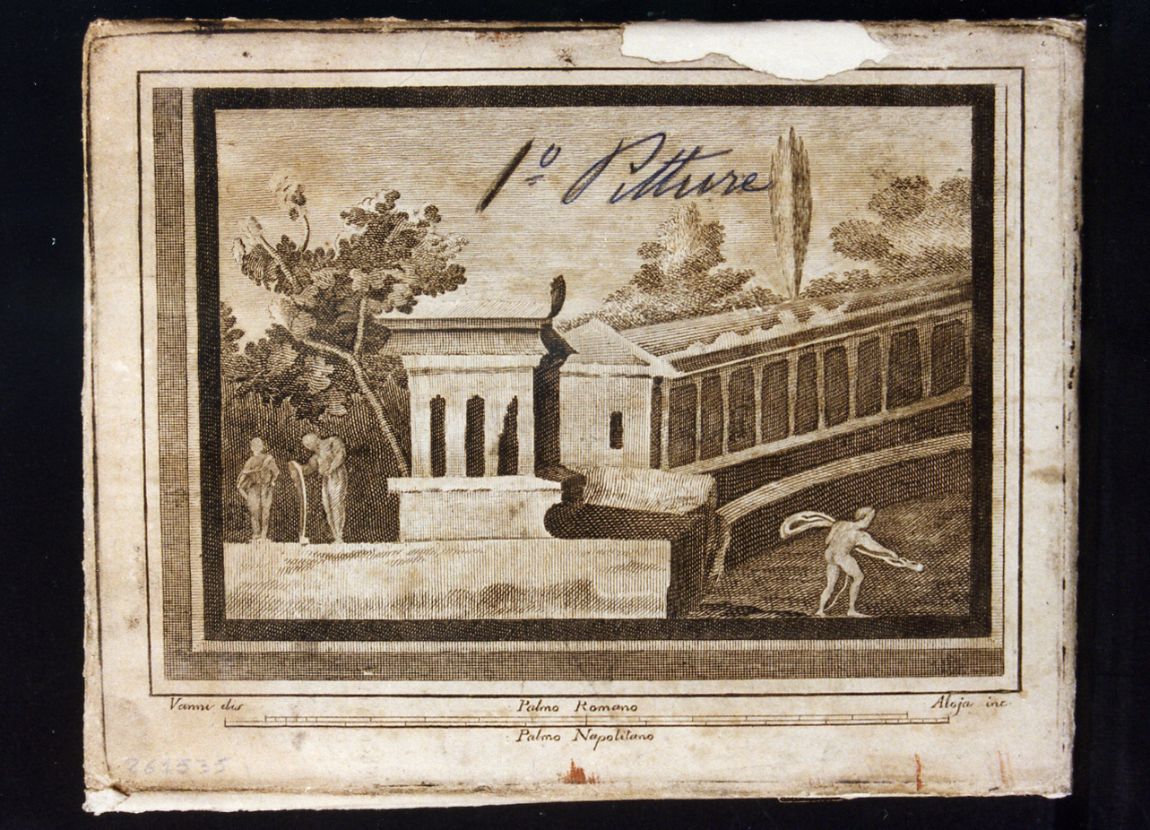paesaggio con architettura e figure (stampa controfondata) di Vanni Nicola, Aloja Luigi (sec. XVIII)