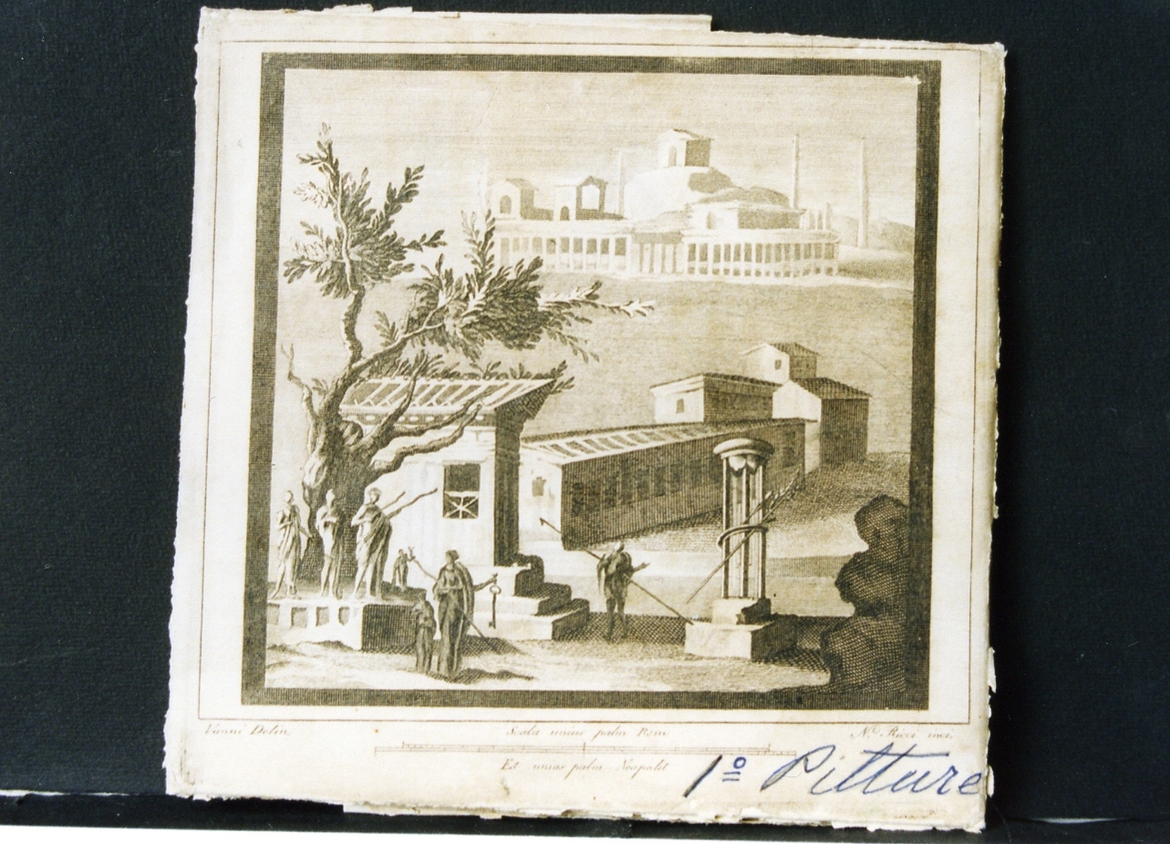 paesaggio con architetture e figure (stampa controfondata) di Ricci Nicola, Vanni Nicola (sec. XVIII)