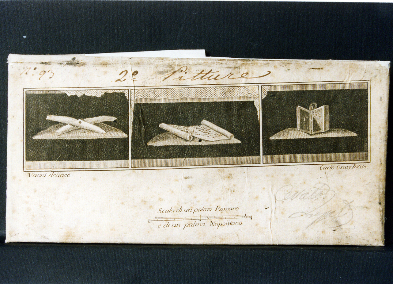 tre pannelli con istrumenta scriptorium (stampa controfondata) di Orazi Carlo, Vanni Nicola (sec. XVIII)