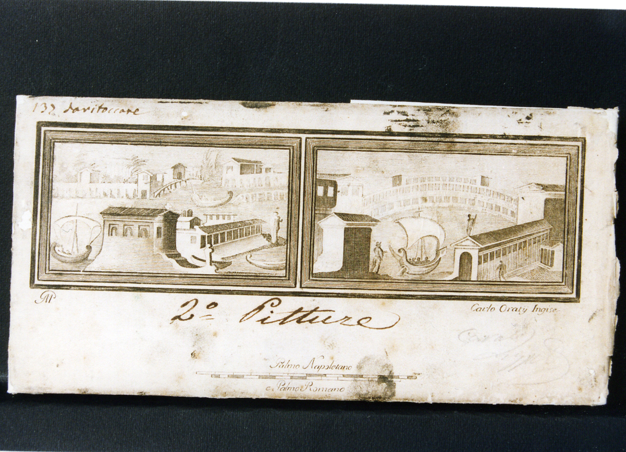 due pannelli con paesaggi marini, architetture e figure (stampa controfondata) di Morghen Giovanni Elia, Orazi Carlo (sec. XVIII)